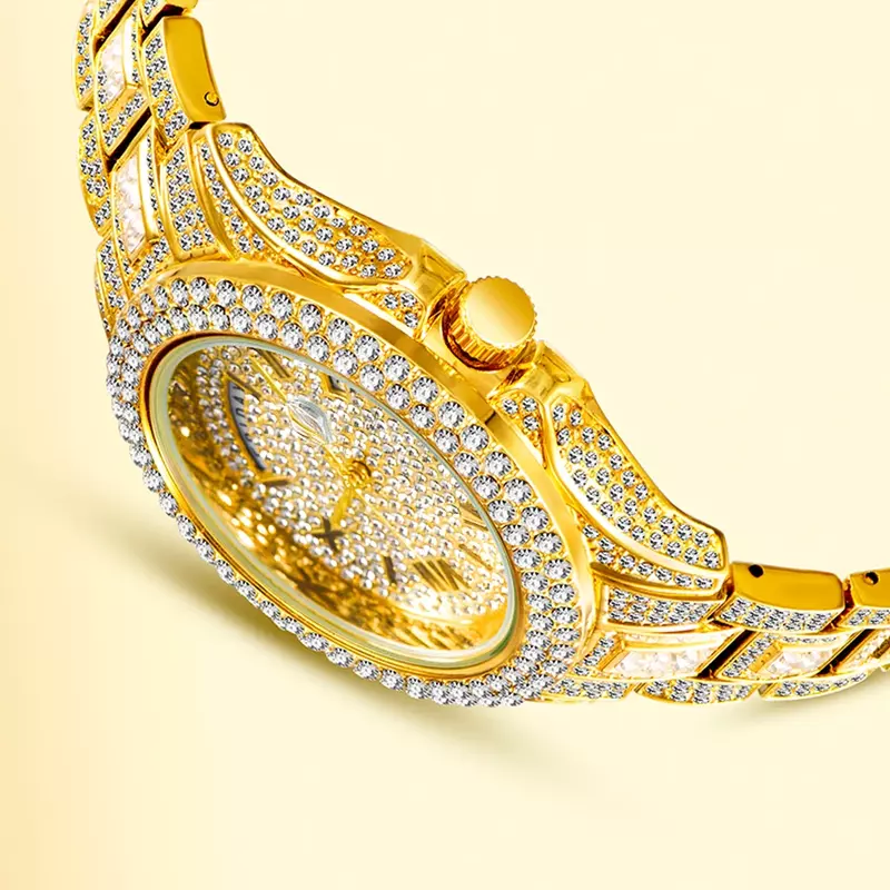 Reloj dorado de lujo para hombre, pulsera de cuarzo, resistente al agua, con diamantes ostentosos, estilo Hip Hop