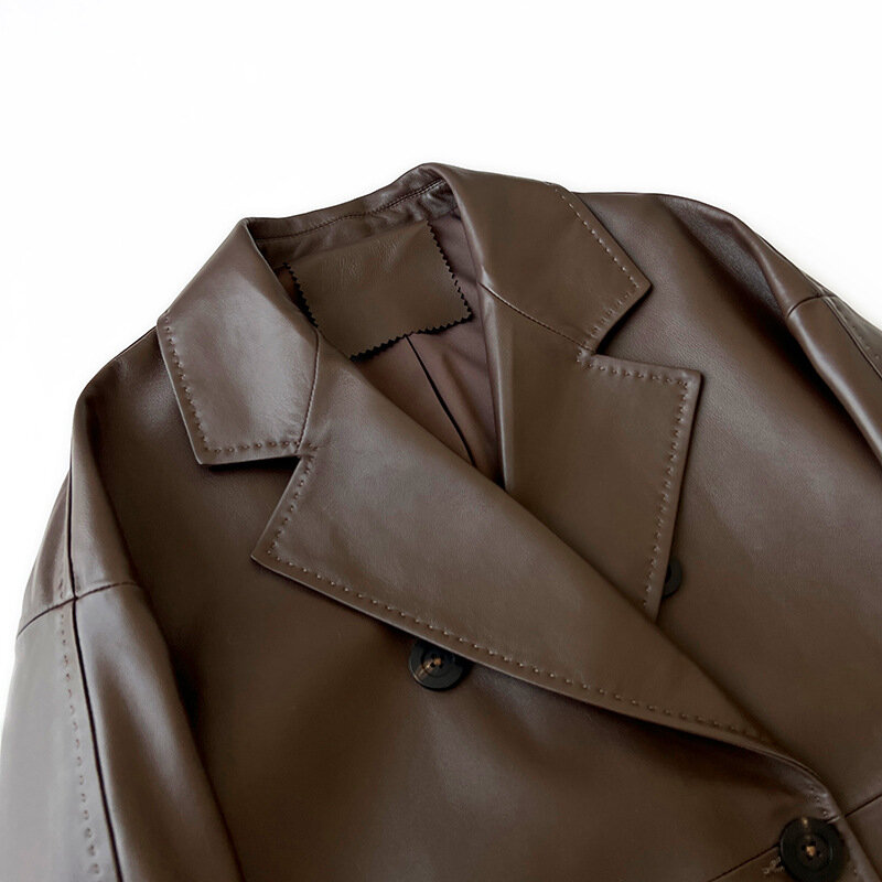 Lwomen's Commuter Style, colletto del vestito, doppiopetto, Top lungo in pelle di pecora, giacca a vento, cappotto autunnale e invernale