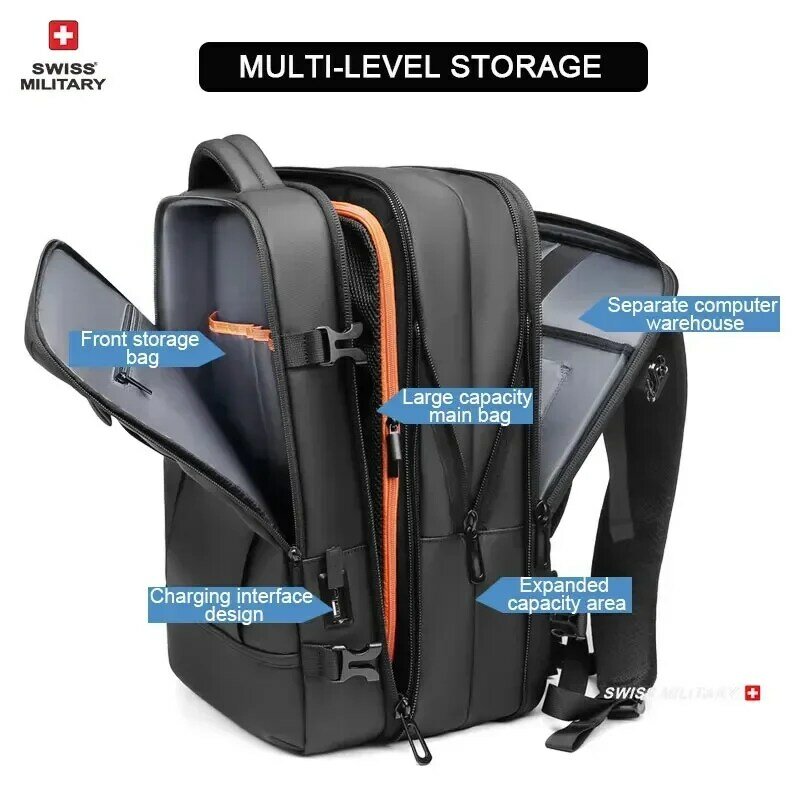 SWISS New Business Backpack Expandable USB Bag Waterproof Large 17 Inch Computer Backpack for Travel Urban Fashion Men Mochilas