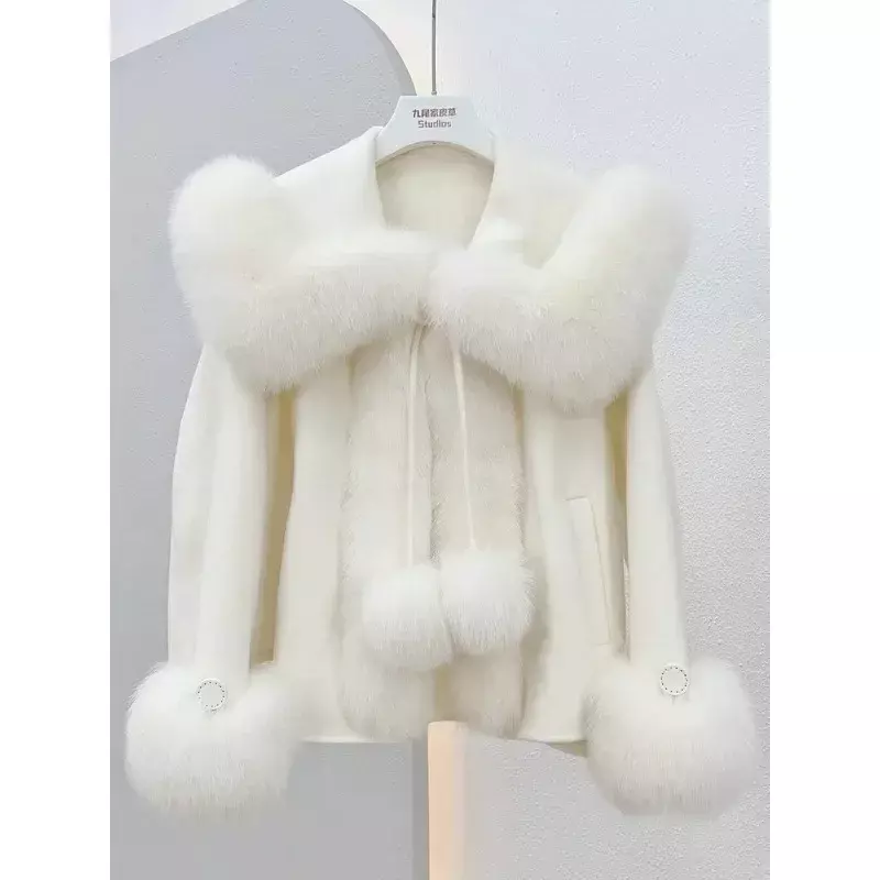 Casaco de caxemira reversível para mulheres, jaqueta de pele raposa, capa de pele mista, casaco de lã