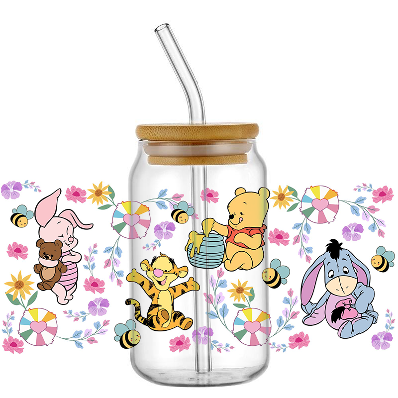 Miniso New 3D UV DTF Wraps Cute Bear and Friends Sticker DIY For 16oz Glass Cup Waterproof Wrap Transfers Decals For Coffee Cup