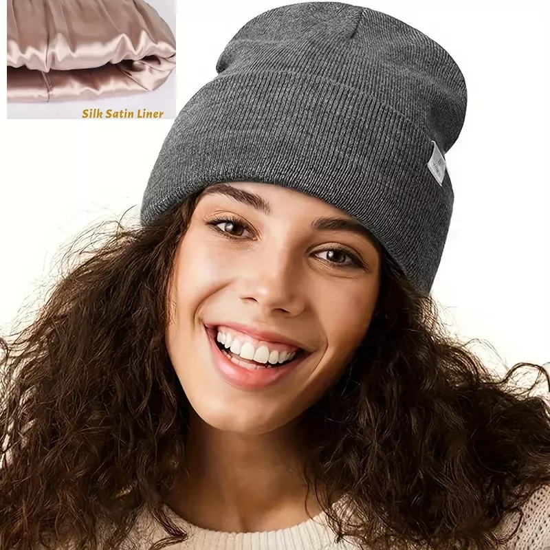 หมวกผ้าซาตินถักหมวกบีนนี่สำหรับผู้ชายผู้หญิงและผู้หญิงหมวกไหมพรมหมวกไหมพรมหมวกคลุมศีรษะหมวก Y2K ถัก