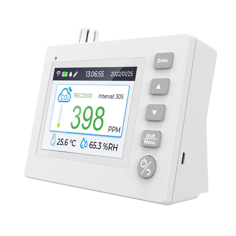 Meter CO2 Sensor NDIR layar warna 4.0 inci, desktop karbon dioksida meter 2600mAh durasi baterai MCU kontrol pintar