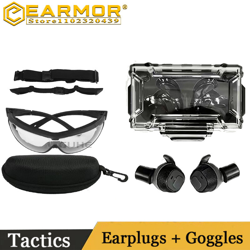 Earmor 전술 헤드폰 사격 귀마개, 전자 청력 보호 귀 보호기, 전술 안경 사격 고글 세트