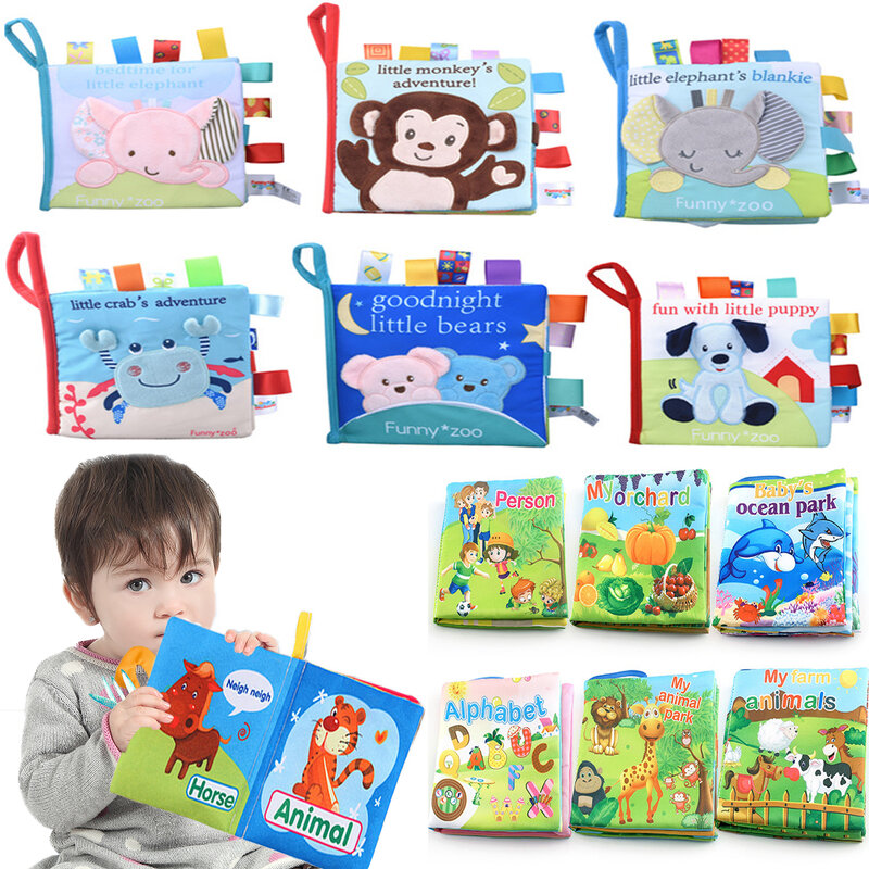 Livros de pano para bebê Estilo animal Macaco, coruja, cachorro, recém-nascido aprendendo, livro educacional de tecido, infantil sensorial, brinquedo chocalhos
