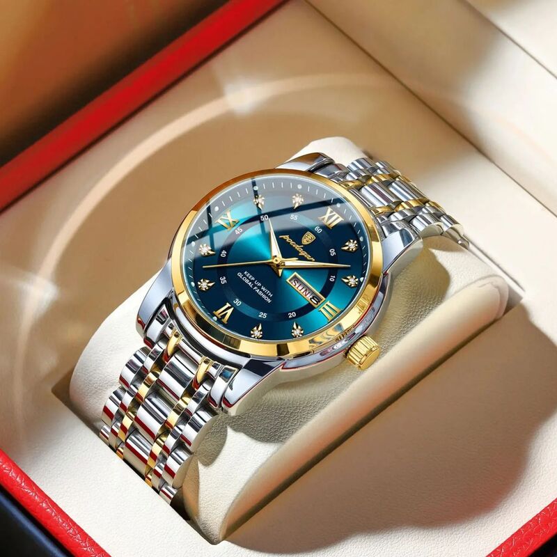 POEDAGAR luksusowy zegarek męski elegancki randkowy na tydzień wodoodporny świecący zegarek męski kwarcowy ze stali nierdzewnej sportowe zegarki reloj