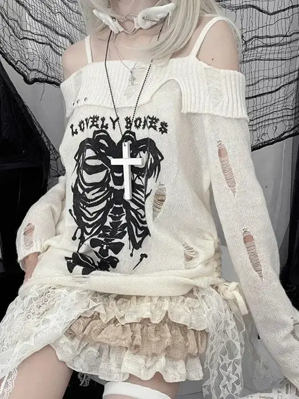 Houzhou Y2K Harajuku Gothic Strick pullover Frauen japanische Mode sexy Schädel von der Schulter Punk Mädchen Loch lose Pullover