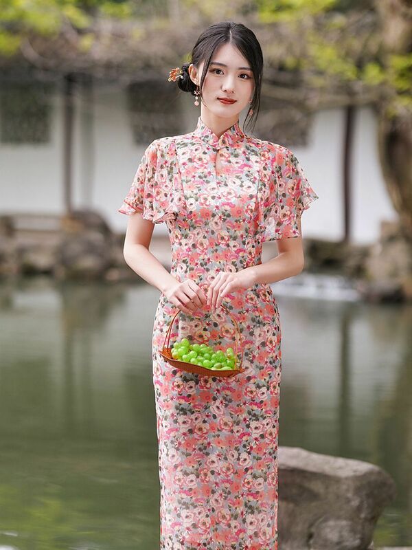 Fashion Vintage Women Girls Flying Sleeve Cheongsam Dress Sexy Drop Collar Floral Printed Chiffon Qipao