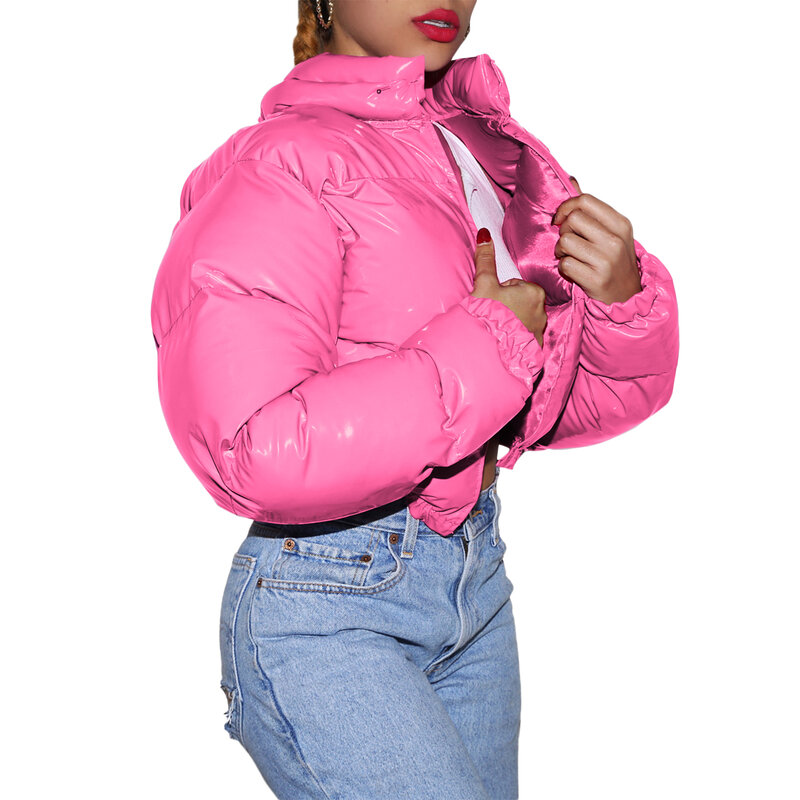 Ladies Hooded Padded Jacket Adult Solid Color Printed Long Sleeve Jacket with Pocket Stand Collar Metal Short Down Jacket