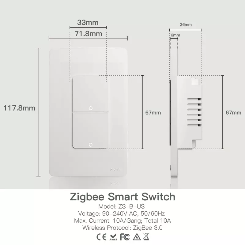 MOES-interruptor de luz inteligente Tuya ZigBee US, interruptor de pared con botón, funciona con Alexa, Google Home, cable neutro, No requiere cable neutro