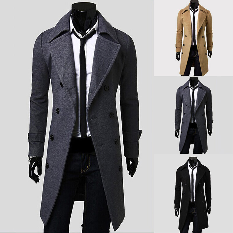 Sobretudo de lã slim fit masculino, casaco de inverno casual, botão de lapela elegante, blusão quente, 80 personagens