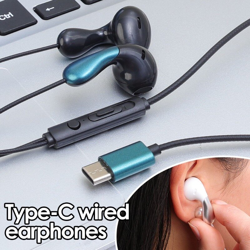 Headphone USB C, headphone USB tipe C, earbud berkabel dengan mikrofon & Remote kontrol, earphone penghilang kebisingan untuk Android Samsung Xiaomi