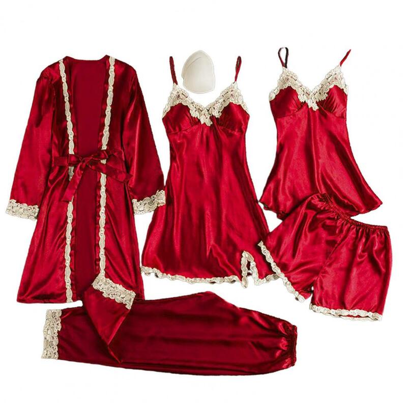 Пижамный комплект в стиле шелка, элегантный Атласный Женский комплект из 5 предметов с завязкой на талии, Шелковый и удобный