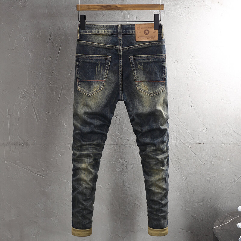 Modne designerskie męskie jeansy wysokiej jakości Retro sprany niebieski rozciągliwe dopasowanie pasujące porwane jeansy mężczyzn włoski styl spodnie dżinsowe Vintage