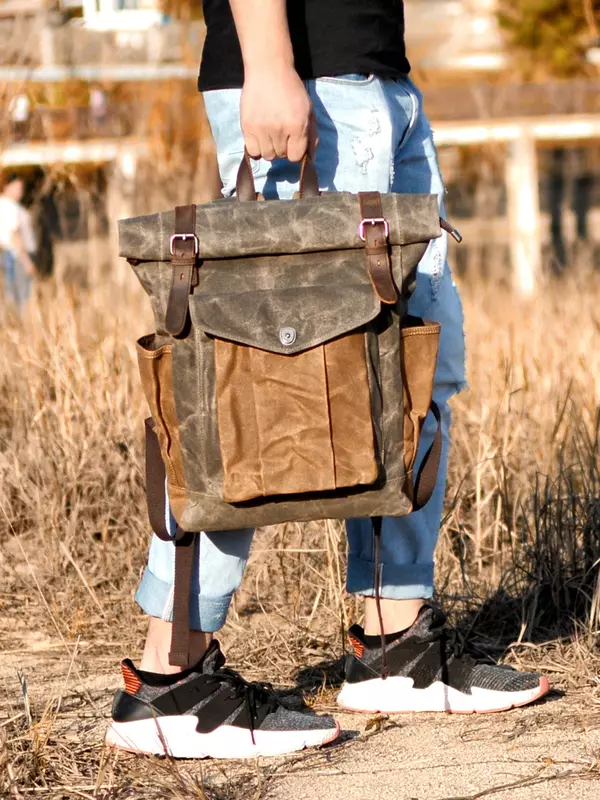 MUCHUAN Vintage Vintage กระเป๋าเป้สะพายหลังผ้าใบสำหรับผู้ชายน้ำมันแว็กซ์ผ้าใบหนังกระเป๋าเป้สะพายหลังกันน้ำขนาดใหญ่ Daypacks Retro Bagpack