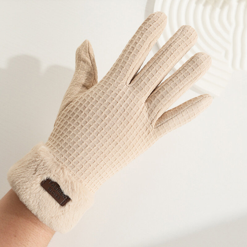 Women Winter Keep Warm Touch Screen Thickened Fleece Lattice Plush Wrist Fashion Elegant Temperament Soft Elasticity Gloves
