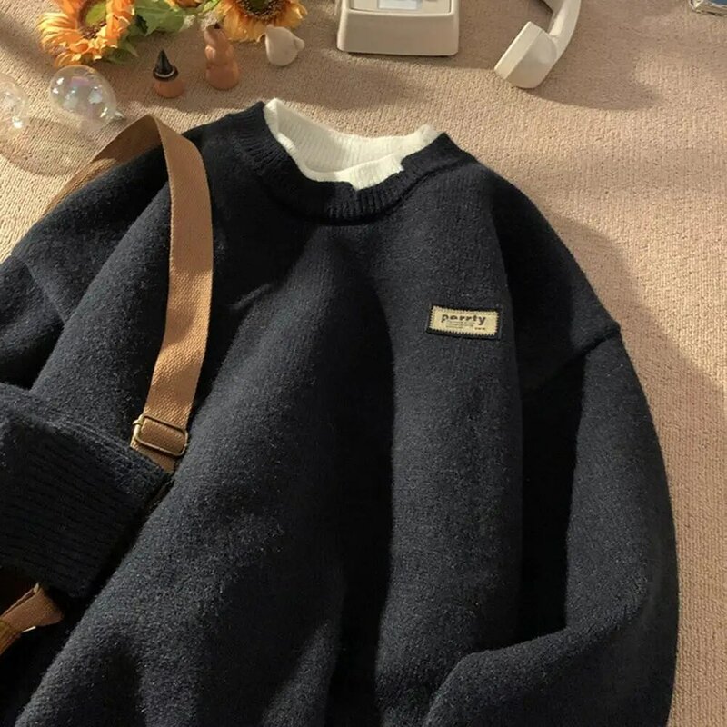 Suéter de manga larga para hombre, Jersey cálido grueso, Tops de cuello redondo, suéter de manga larga con punto falso de dos piezas, otoño