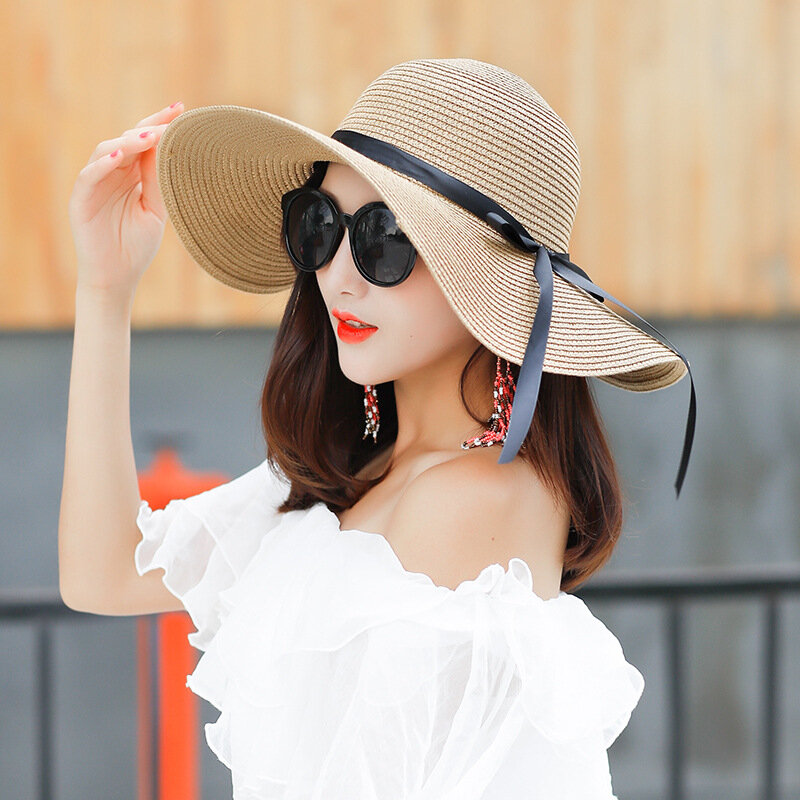 2023 baru sederhana dapat dilipat lebar penuh topi jerami gadis Floppy topi matahari pantai wanita musim panas topi UV melindungi perjalanan topi wanita topi