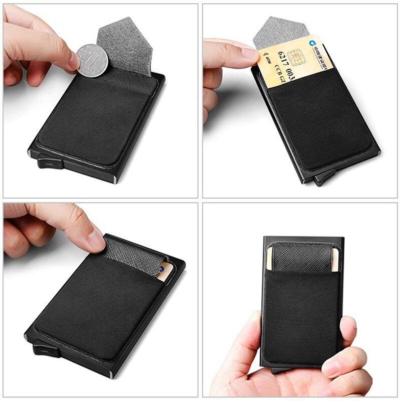 Men's Aluminum Automatic Elastic Card Holder Anti-theft Swipe Square Bank Card Box Multi-card Slot with Cover Card Wallet