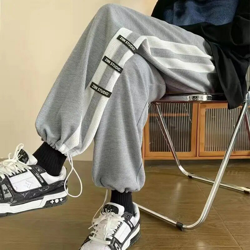 Korean summer retro personality sports pants American street hip hop men striped casual y2k loose straight wide leg sports pants