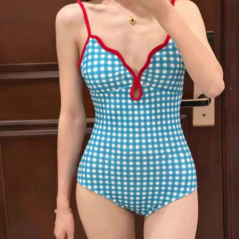 Summer Sexy One-piece Bikini Swimsuit Korean Women Vintage Blue Plaid Strap Y2K Girls Swimwear  Tummy Control Beach Bathing Suit