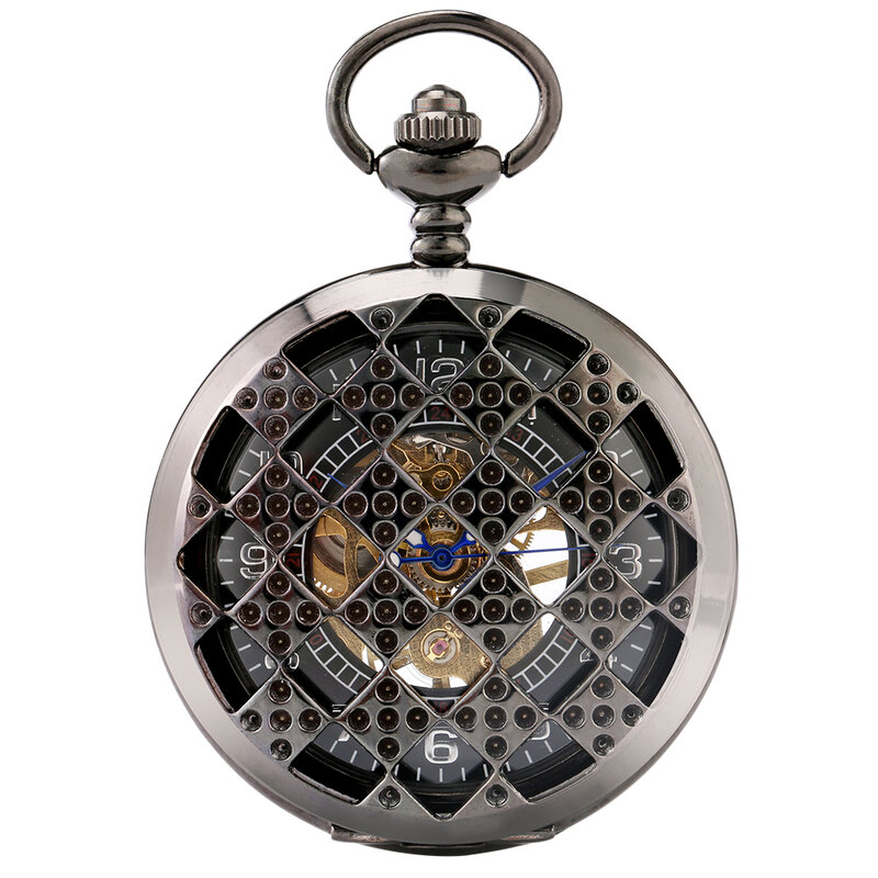 Rhombus Hollow Mechanical Pocket Watch Arabic Numerals Black Dial Pendant Hand-winding Pocket Watches Clock Gifts for Men Women