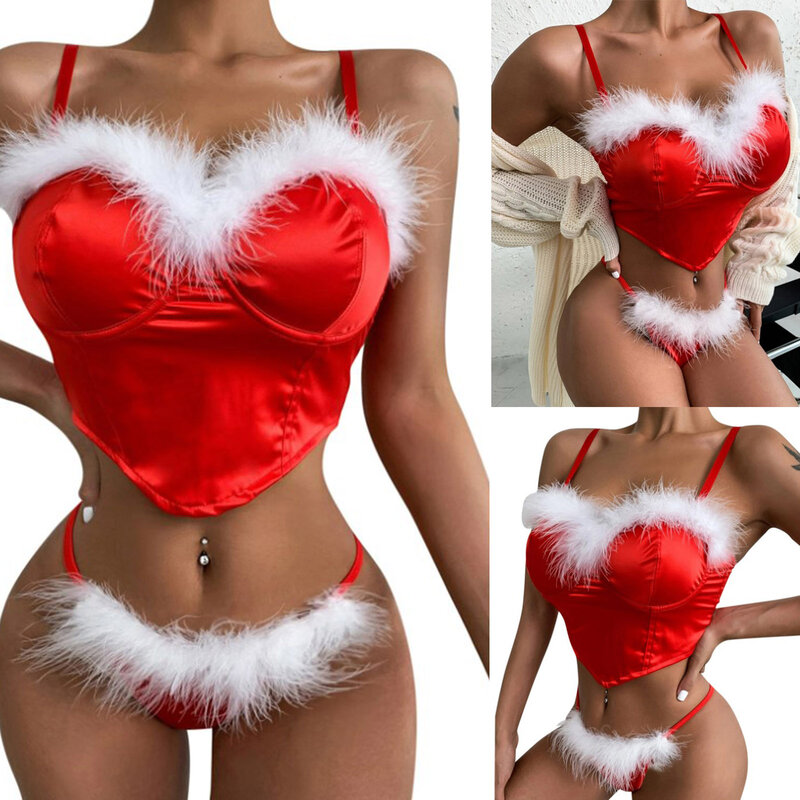 Womens Feather Trim Satin Lingerie Set Spaghetti Strap Push Up Corset Bra with T-Back Underwear for Carnivals Christmas