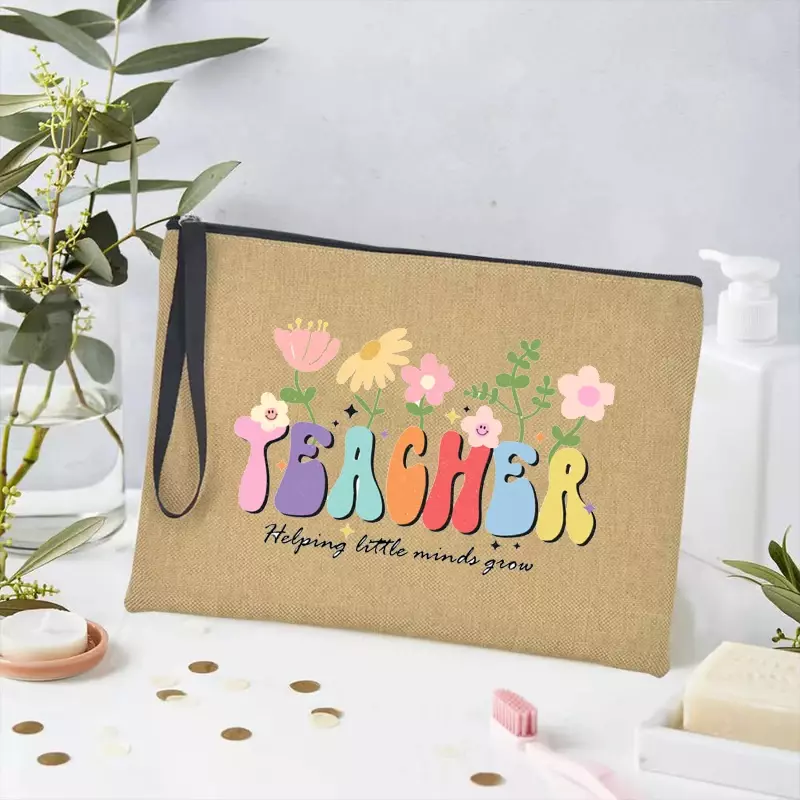 Teacher Gift  Wash Pouch Cosmetic BagsTeacher Flower Print Pencil Case Travel Makeup Bag School Stationery Supplies Storage Bags
