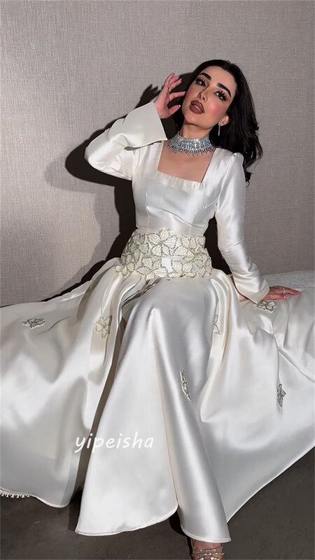 Платье для выпускного вечера Саудовская Аравия атласная аппликация драпированные трапециевидные платья с квадратным вырезом на заказ платья с длинным рукавом