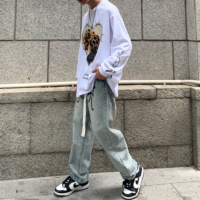 Amerykańskie dżinsy High Street męski Hip Hop luźne smażone uliczne proste spodnie jesienne Retro litery szerokie spodnie nogi