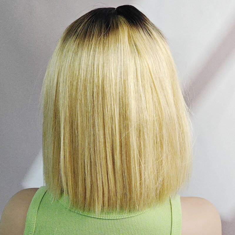 Peluca de cabello humano liso de 2x6, postizo de encaje corto y liso con densidad de 180%, Color T1B-27, corte Bob, pelo brasileño predespuntado