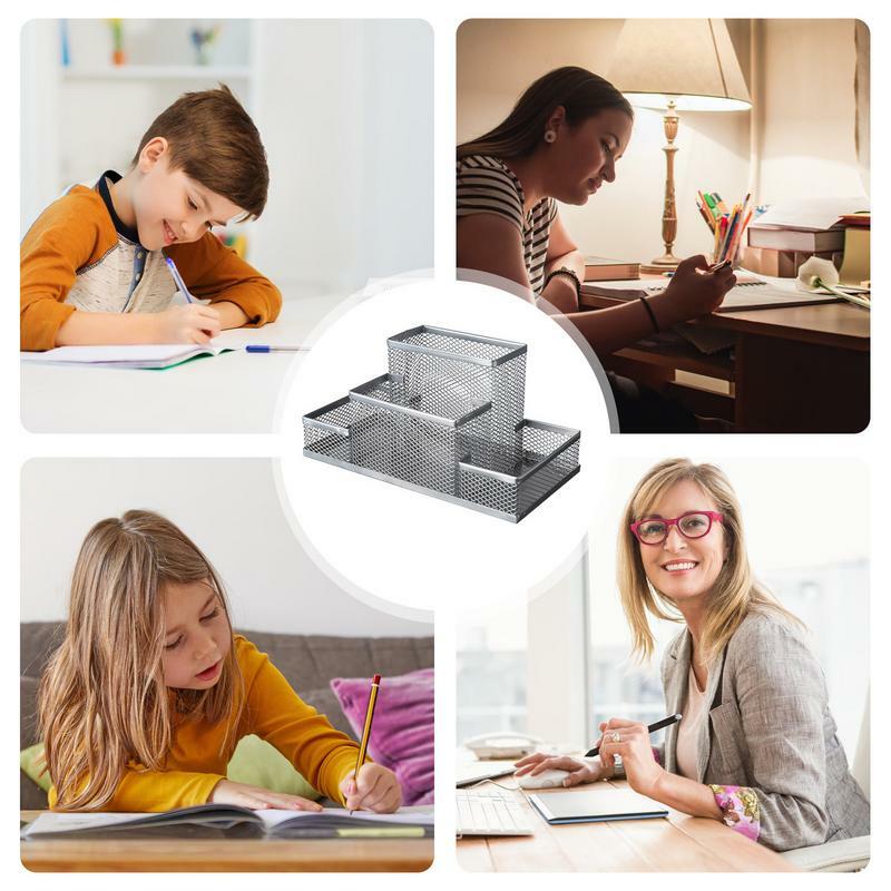 Tempat pensil jala, organisasi kantor Desktop dengan 4 kompartemen, penyimpanan Organizer meja untuk Desktop rumah sekolah kamar tidur