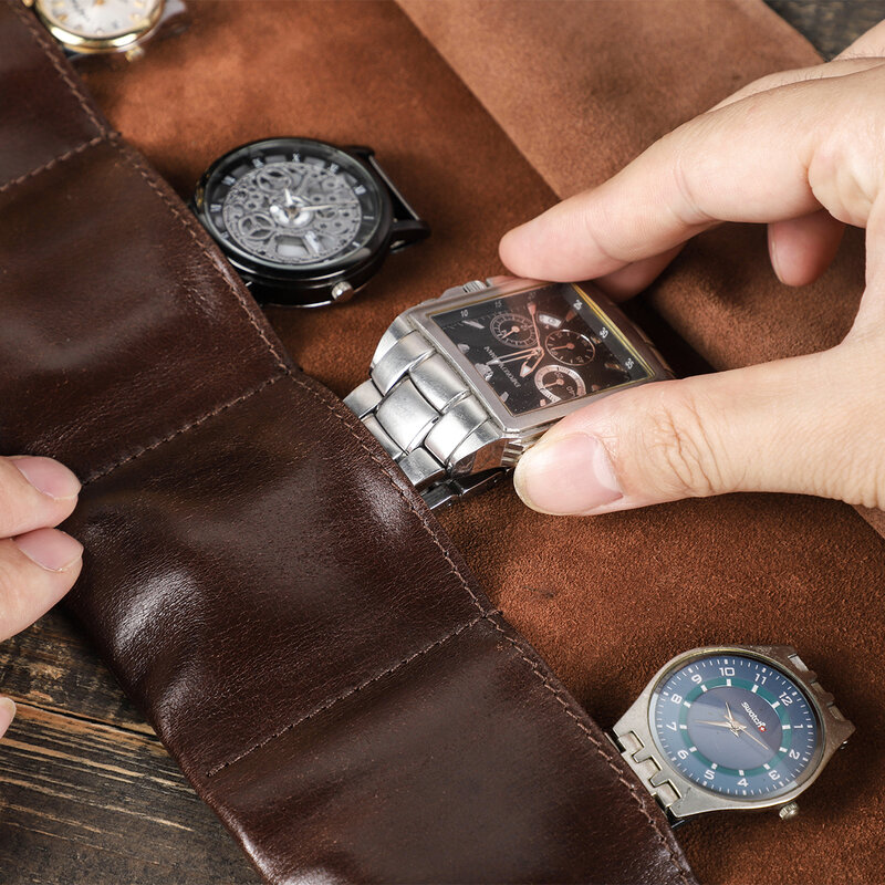 Watch Roll Case High-end 6 Slots Oil Wax Leather Velvet Watch Box Handmade Bundled with A Portable Travel Wristwatch Organizer