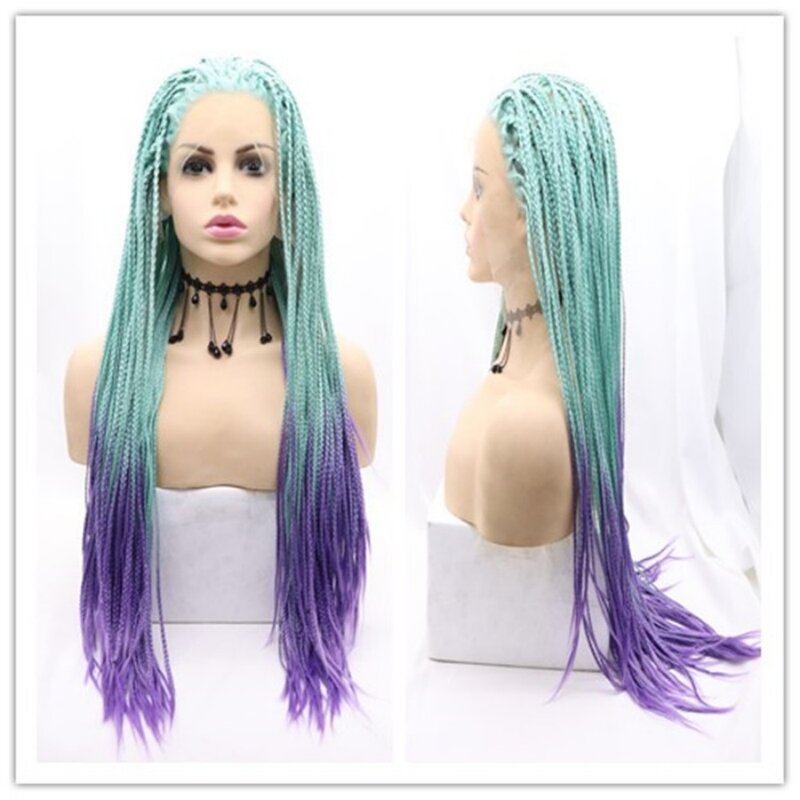 Ombre Sky Blue/Purple 180% Density 26 inches Long Synthetic Hair Box Braids Lace Frontal Wig for Black Woman