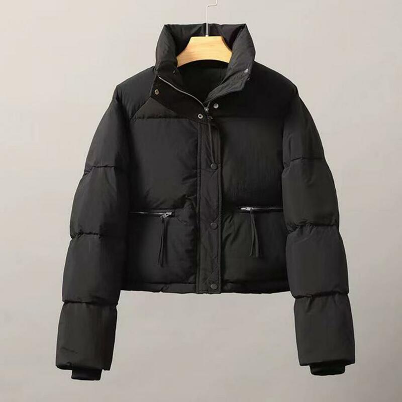 Women Winter Cotton Coat Thickened Padded Solid Stand Collar Neck Protection Short Windproof Long Sleeve Lady Down Coat Jacket