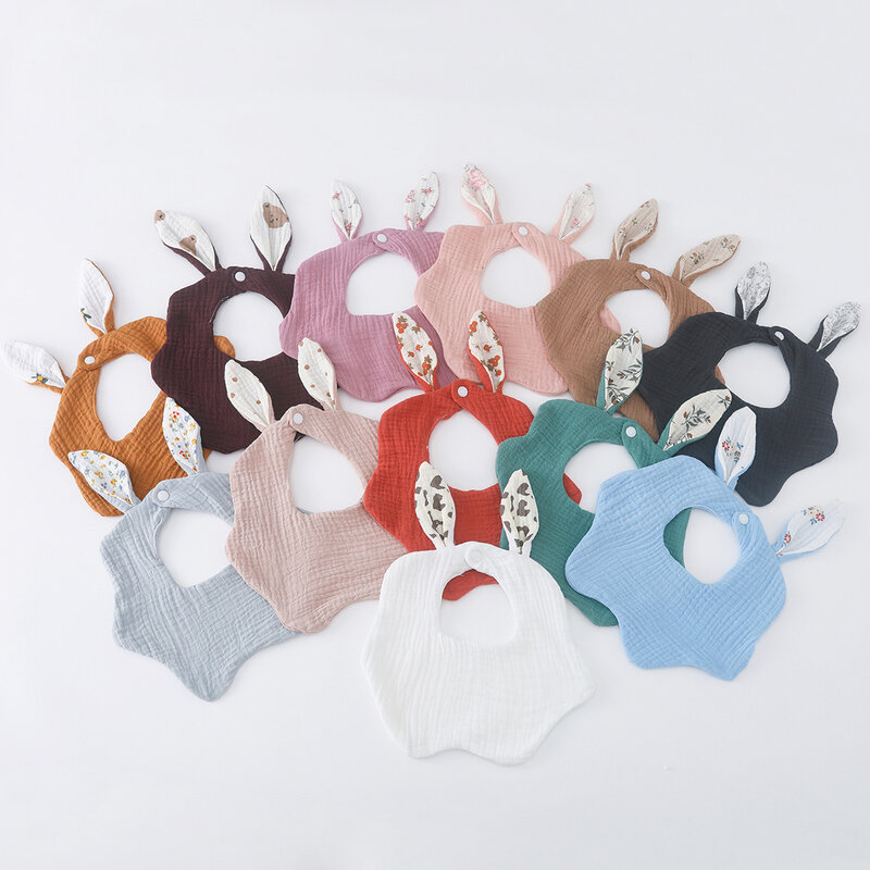 New Rabbit Ears Wave Edge Cotton Gauze Baby Bibs Solid Infant Bib Newborn Soft Burp Cloths for Boy Girl Feeding Saliva Towel
