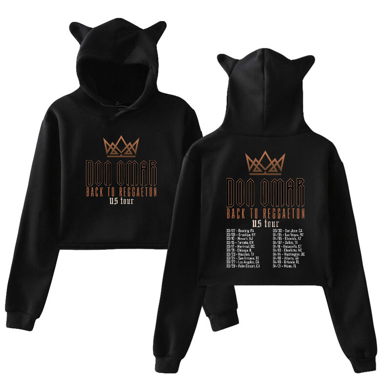 Don Omar Pullover 2024 Back to Reggaeton Tour Merch Female Cat Ears Hoodie Long Sleeve Fashion Crop Top Women's Clothes
