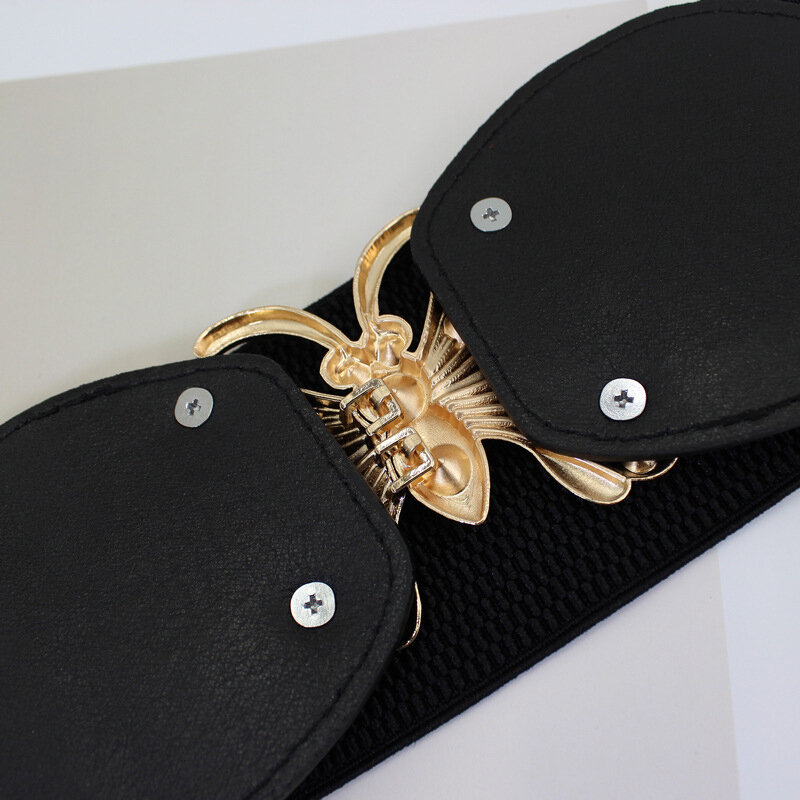 Modna elastyczna opaska na pas czarny w stylu Vintage szeroki pas szeroki pas w pasie, rozciągliwy złota klamra, gorset dla kobiet