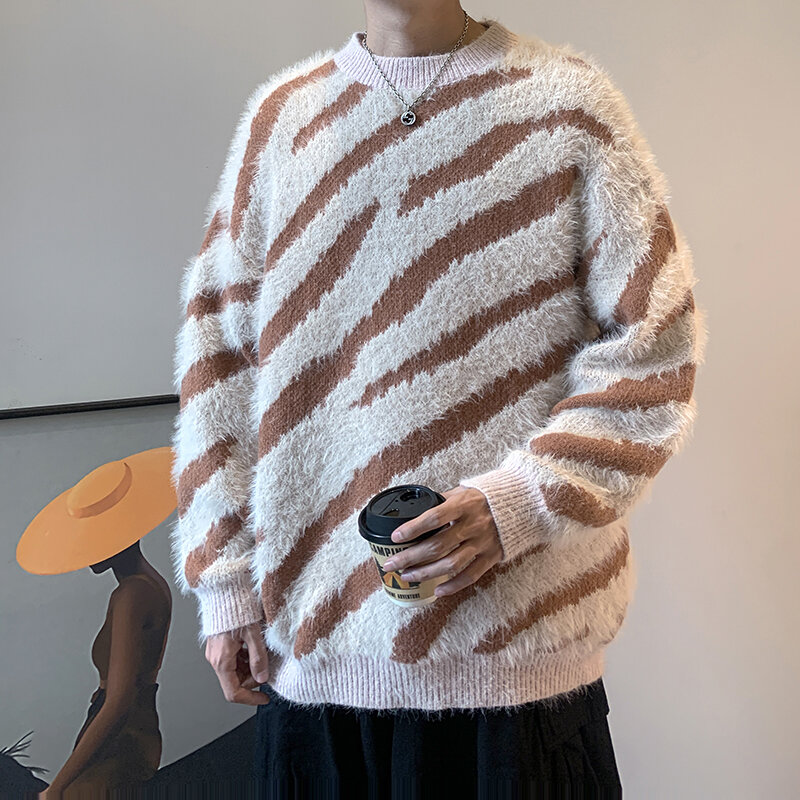 Suéteres informales ajustados con letras para hombre, suéter grueso y cálido de talla grande a rayas de cebra, B101, otoño e invierno, 2023