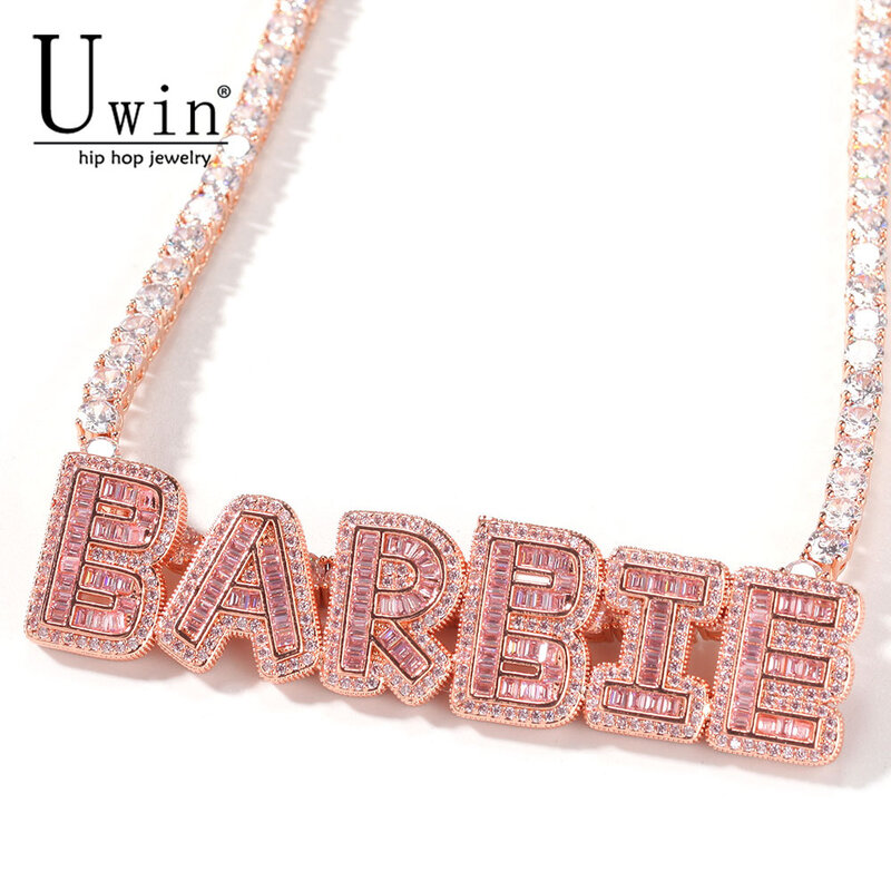 Uwin Name Necklace Baguette Letters With Tennis Chain Full Iced Out Zircon Pendant Gift HipHop Jewelry