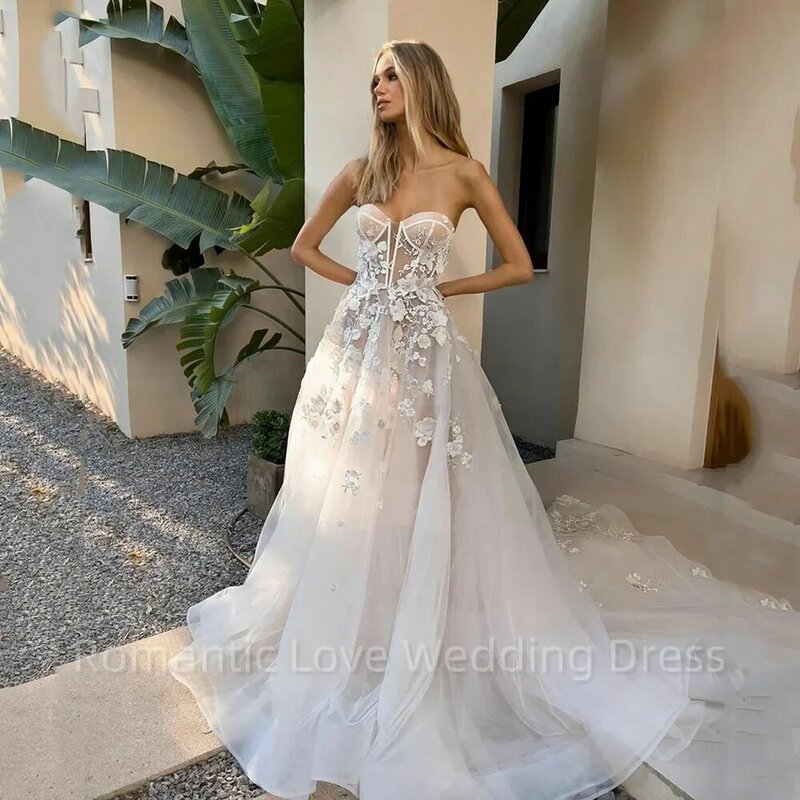 Vintage kochanie suknie ślubne 3D kwiaty koronkowe aplikacje księżniczka gorset Boho ślubne suknia szata wykonana na zamówienie De Mariée