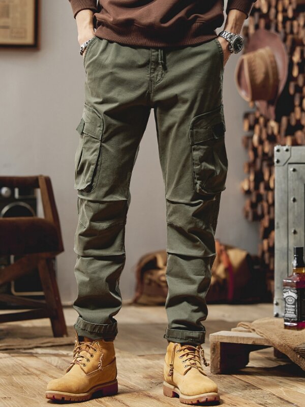 Wiosenne letnie męskie bawełniane spodnie Cargo z wieloma kieszeniami Slim Fit odzież robocza spodnie bawełniane