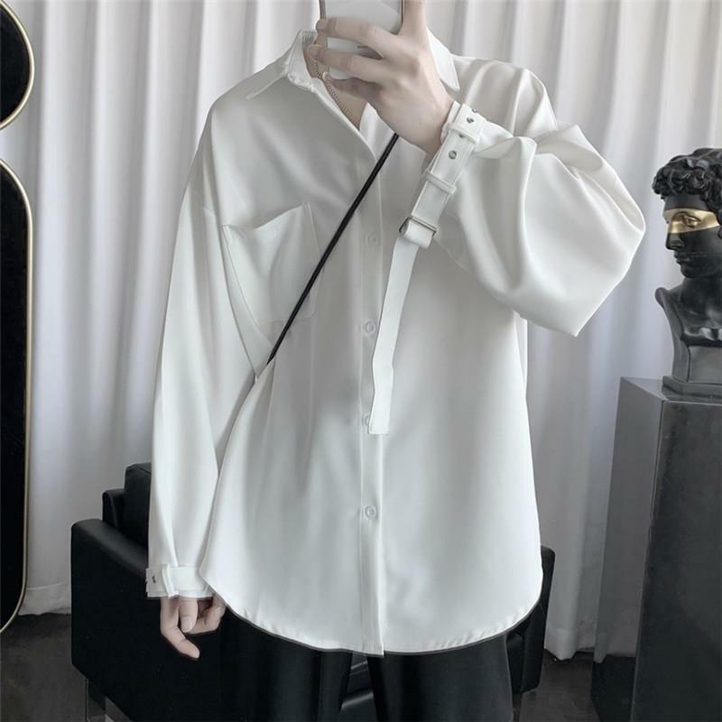 Fahsion Casual Solid Color Pocket Button Man Shirt New High Quality Long Sleeve Belt Personality Decorate All-match Male Top