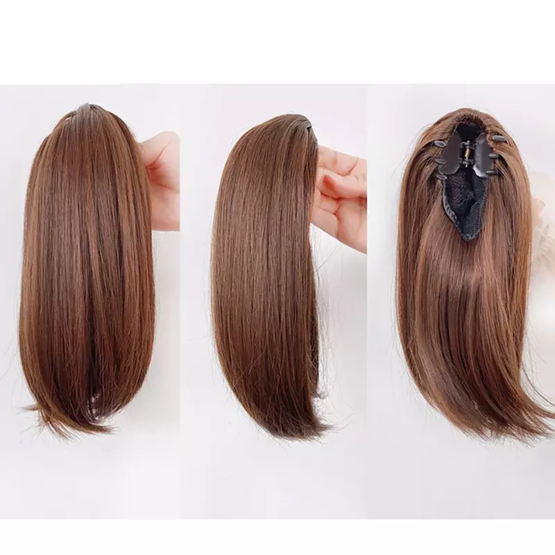Женские короткие прямые парики на заколке, натуральные пушистые волосы для наращивания с небольшим деформацией конского хвоста, 38 см