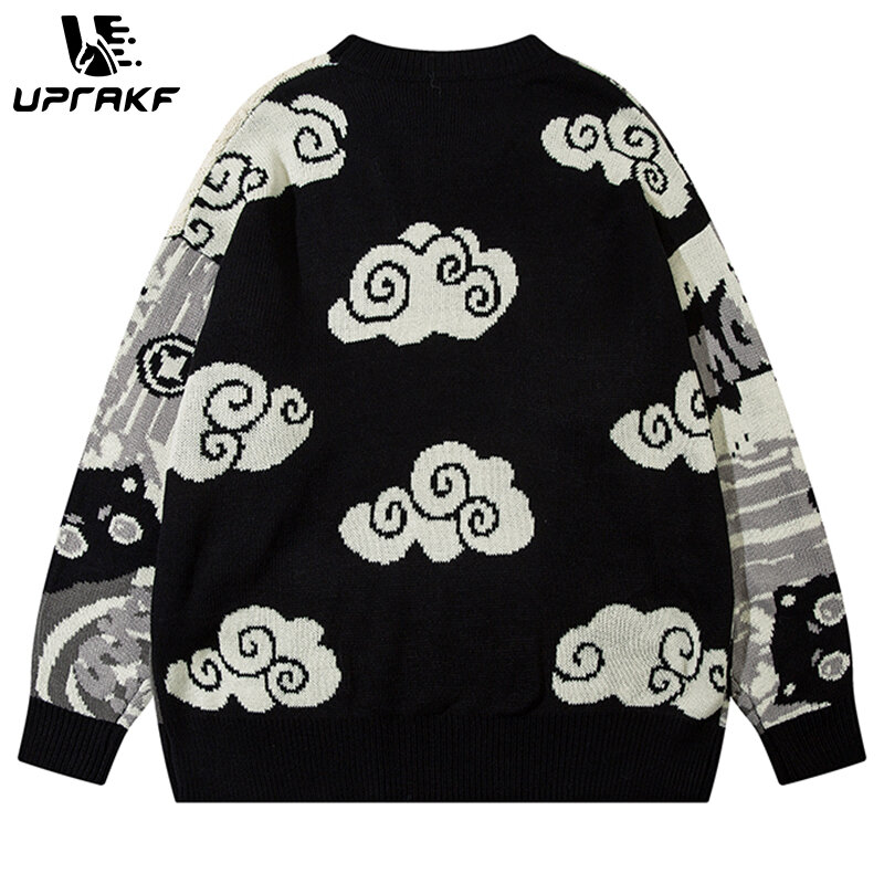 UPRAKF-Cartoon Dragon Print Patchwork Sweater, pulôver solto todo o jogo, tops de inverno, moda outono, streetwear