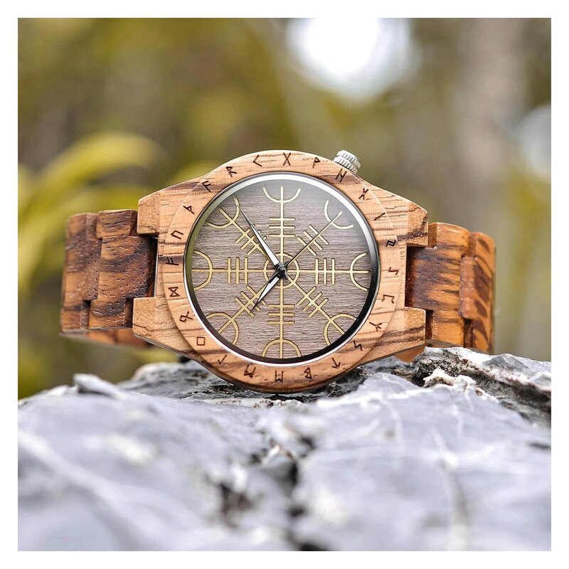 Orologio da uomo in legno fatto a mano orologi a cerchio Runic unici simbolo dorato di orologi orologio da polso al quarzo leggero alla moda, bracciale