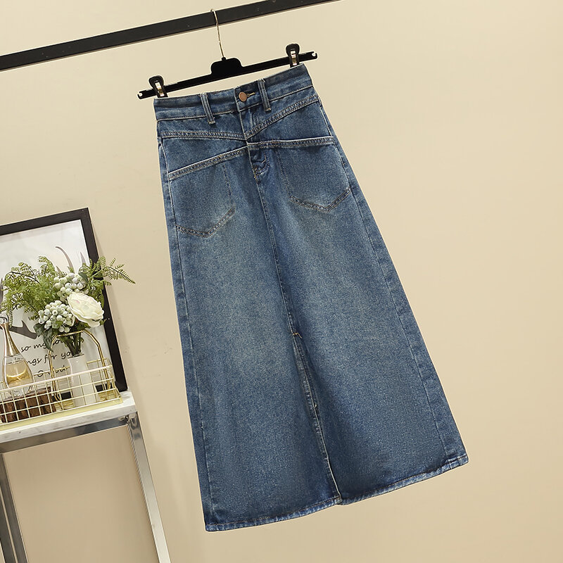 Женская джинсовая юбка с высокой талией, однотонная длинная трапециевидная юбка с разрезом, модель K01 на лето, 2024