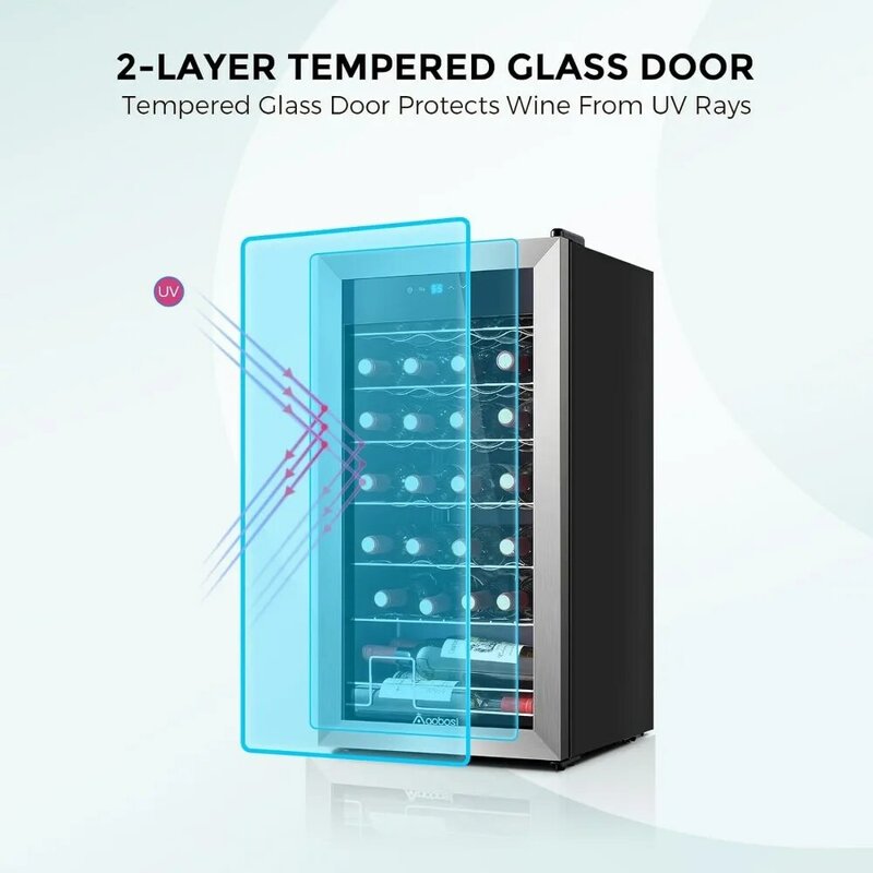 Compressor Wine Cooler, 28 Garrafa Wine Refrigerador, aço inoxidável temperado porta de vidro para vermelho, branco ou champanhe