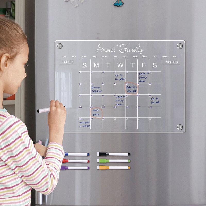 Clear Acrílico Magnetic Calendar Board para geladeira, registro diário, apagar seco, planejador, semanal, Memo