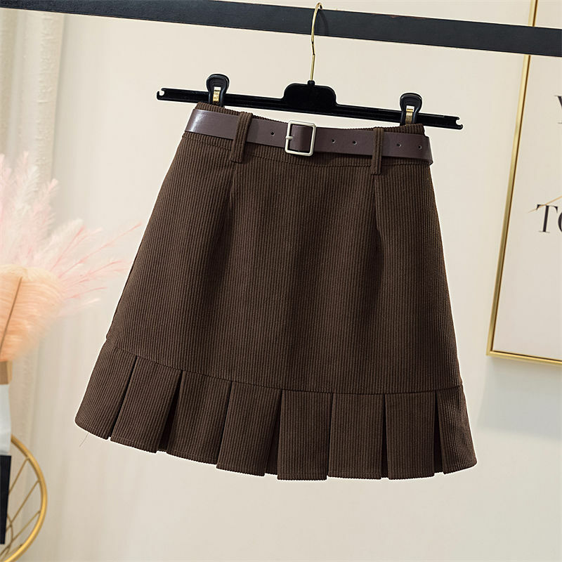 Vintage sztruksowe plisowana spódnica z paskiem damskie 2021 zima wiosna eleganckie casual smukłe jednolity wysoki talia Y2k spódnica Punk